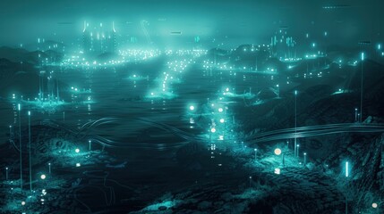 Imagine a submerged landscape where futuristic data centers rest on the ocean floor, illuminated by bioluminescent marine life. Fiber optic cables,