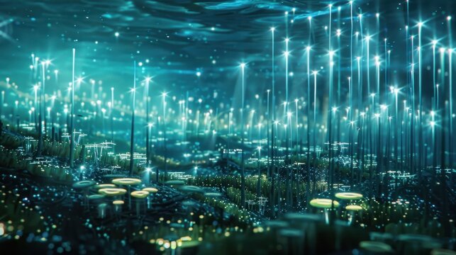 Imagine a submerged landscape where futuristic data centers rest on the ocean floor, illuminated 