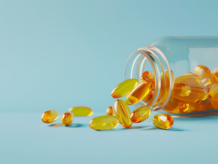 Yellow vitamin pills and medicine bottle on light blue background. Pharmaceutical background. - obrazy, fototapety, plakaty
