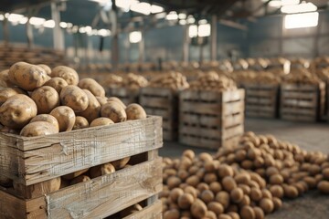 a warehouse filled with potatoes in wooden boxes