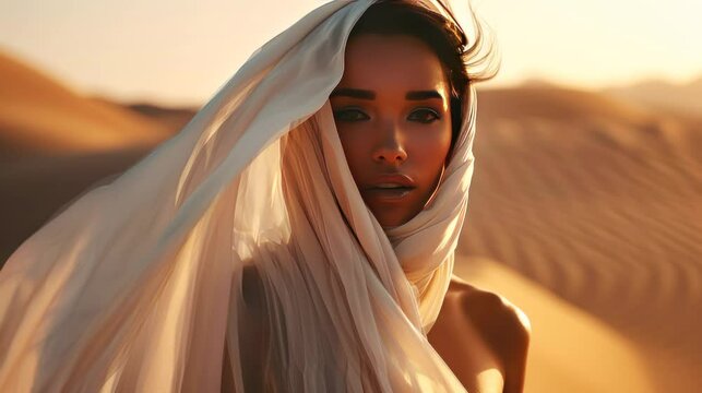 Woman in Long White Dress Roaming the Desert seamless looping time-lapse virtual 4k video animation background.