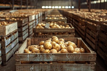a warehouse filled with potatoes in wooden boxes