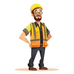 Stylish Cartoon Engineer in Yellow Vest and Helmet, Full Body Portrait with Confident Smile