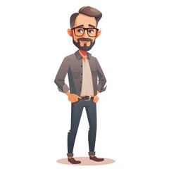 Obraz premium Cheerful Project Manager in Flat Design Cartoon: Detailed Character Study on White Background