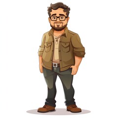 Obraz premium Cheerful Software Engineer in Flat Design Portrait with Brown Shirt, Glasses, and Beard