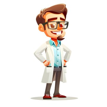 Cheerful Researcher in Cartoon-style R&D Professional with Glasses and Lab Coat on White Background
