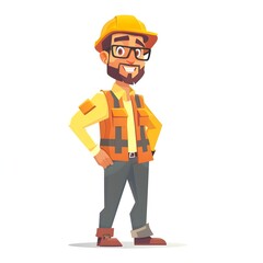 Cheerful Environmental Project Manager in Cartoon Style: A Full-length Portrait of a Smiling Engineer with Glasses, Yellow Vest, and Hard Hat
