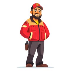 Fototapeta na wymiar Cheerful Bearded Firefighter in Red Jacket: Stylized on White Background