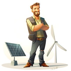 Confident Renewable Energy Expert in Cartoon Style with Solar Panels and Wind Turbines