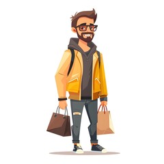 Cheerful Man Shopping with Bags in Yellow Jacket and Hoodie