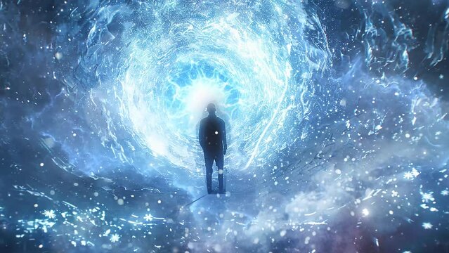 cinematic shot ethereal visitor appears amidst. space fantasy background. seamless looping overlay 4k virtual video animation background