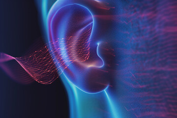 Close-up of the human ear and sound waves. The concept of listening perception. Hearing