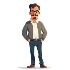 Cheerful Sociologist in Casual Wear: of an Adult Man with Mustache and Glasses in a Confident Standing Pose