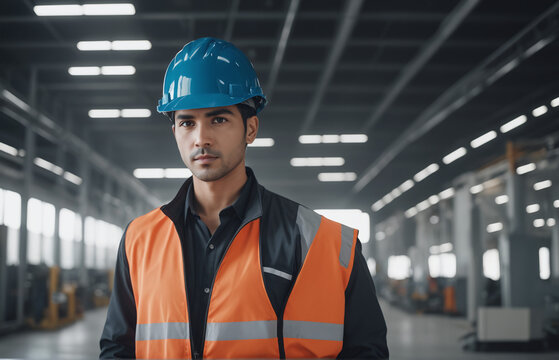 portrait of a skilled male maintenance engineer adorned in a professional uniform and helmet