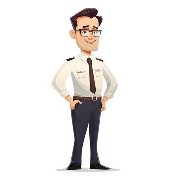Cheerful Airport Manager Security Guard in Flat Design Cartoon Portrait