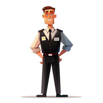 Cheerful Security Guard in Full-length Portrait: with Black Vest and Uniform