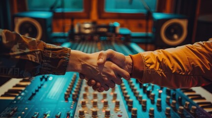 In a recording studio, amidst guitars and mixing boards, a rising star musician and a record label executive shake hands, signifying the discovery of 