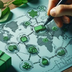 Detailed view of a hand outlining a green supply chain on a paper, with a world map in the background