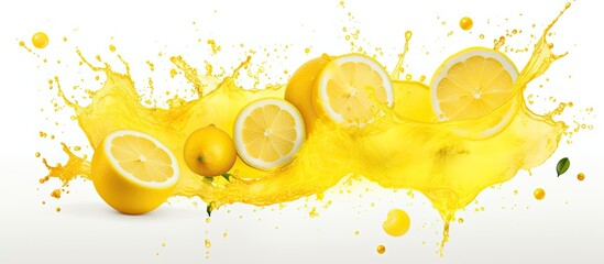 Fresh yellow lemons and citrusy lemon juice splashing and creating vibrant droplets on a clean white background - Powered by Adobe