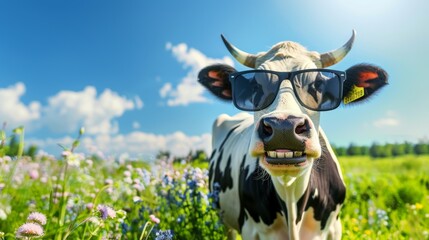 a funny spotted black and white cow wearing dark sunglasses on a sunny day