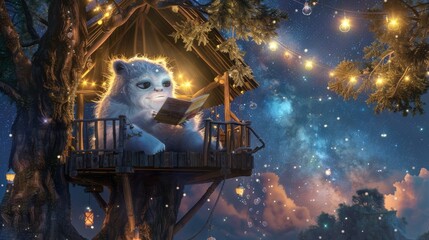A fantasy feline creature enjoys a book in a cozy, illuminated treehouse against a backdrop of a starry night sky.