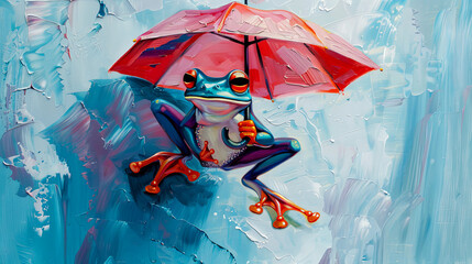 Colorful Illustration of  cute blue frog on abstract background. Oil painting. - obrazy, fototapety, plakaty