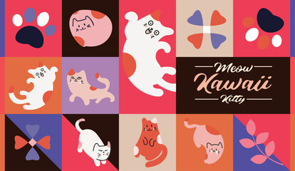 Fototapeta na wymiar Kawaii Cats vector illustration Smiling Kitty, cute and round-faced cat