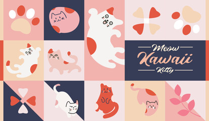 Fototapeta na wymiar Kawaii Cats vector illustration Smiling Kitty, cute and round-faced cat