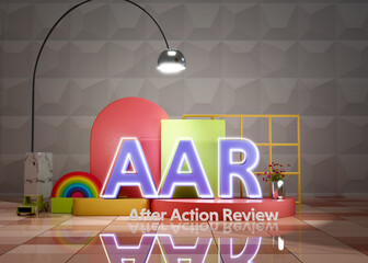 Text Acronym AAR - after action review on color podium, lamp and elegant background	