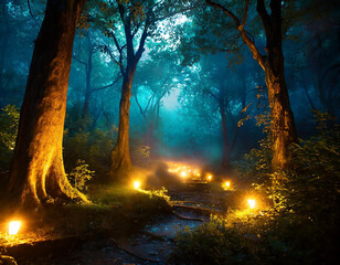 Gloomy fantasy forest scene at night with glowing lights
 - obrazy, fototapety, plakaty