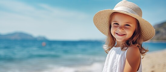 A young girl in a sun hat enjoying a peaceful moment at the sandy beach, feeling the warm sun on her skin