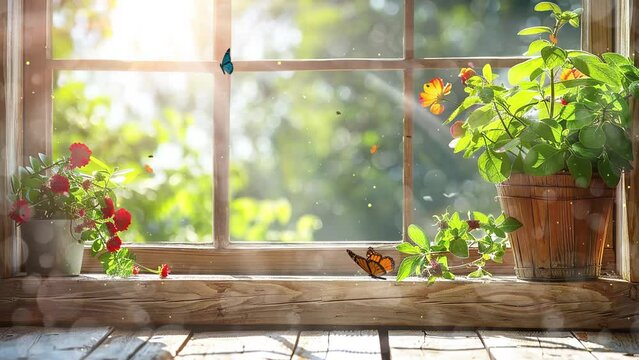 wooden over summer window background with garden view and sunlight. seamless looping overlay 4k virtual video animation background