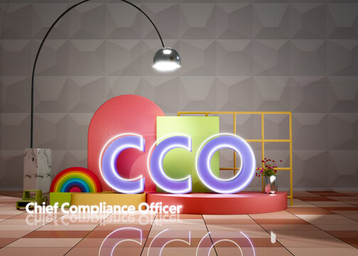 Text Acronym CCO - Chief compliance officer on color podium, lamp and elegant background	