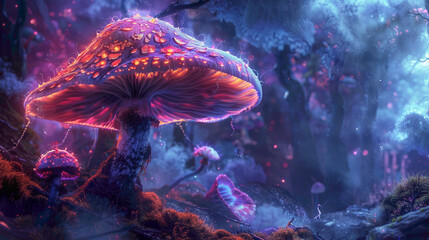 Mushrooms in the forest. Mushroom. Fantasy glowing mushrooms in mystery dark forest closeup view.