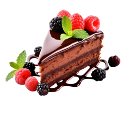 Closeup to a delicious chocolate cake slice PNG with glaze and red berries isolated on a white and transparent background. Ai generated 