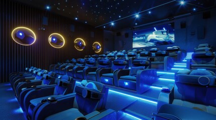 Model a futuristic cinema with immersive viewing experiences, including 4D theaters and virtual reality pods