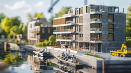 Modern apartments along a canal, with miniature construction boats and divers working on water...