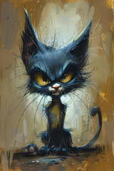 An art piece depicting a Felidae carnivore, a small to mediumsized black cat with yellow eyes. The painting showcases its jaw, whiskers, snout, and terrestrial nature