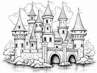 Medieval fantasy scene: castle encircled by moat with knights, dragons, and tower-bound princess awaiting rescue - black and white illustration for coloring
