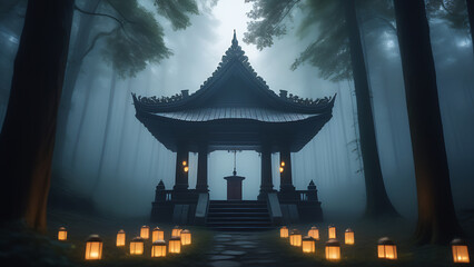 a veiled shrine hidden in the heart of a misty forest