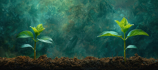 Two plants growing in the soil, with a dark green background and misty atmosphere. Created with Ai - obrazy, fototapety, plakaty