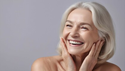 Happy beautiful blonde older mature lady touching facial skin looking away with perfect toothy smile laughing enjoying elderly beauty care thinking on good skincare result - obrazy, fototapety, plakaty
