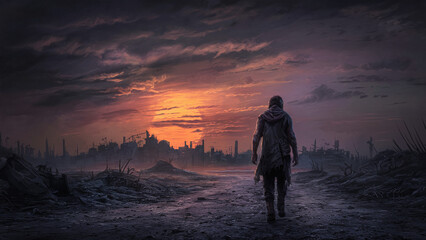Fototapeta na wymiar A man walking through the dark, uncertain and desolate ruins of a post-apocalyptic world.