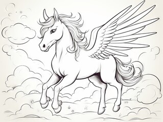 Charming unicorn in flight - monochrome illustration for coloring book page, ideal for creative children’s activities and fantasy themes