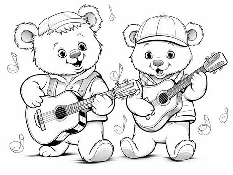 Engaging coloring book page featuring two adorable bears strumming guitars - perfect for children’s creativity and adult relaxation, vector design