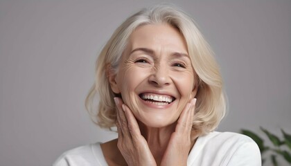 Happy beautiful blonde older mature lady touching facial skin looking away with perfect toothy smile laughing enjoying elderly beauty care thinking on good skincare result