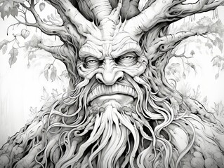 Whimsical tree character line art for coloring - serene nature scene illustration - Powered by Adobe
