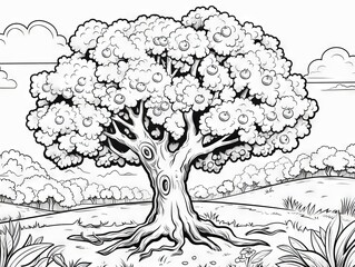 Child-friendly apple tree illustration - black and white outline for coloring activities, ideal for educational materials and creative projects