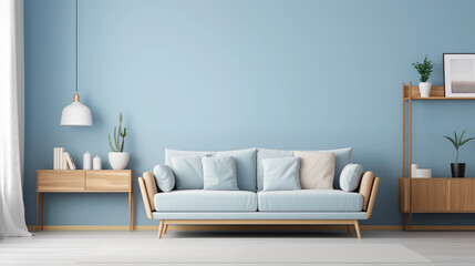 Blue living room interior with sofa, coffee table, and plants.
