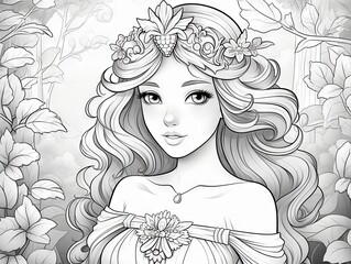 Enchanting princess awaiting color - a majestic coloring book page illustration